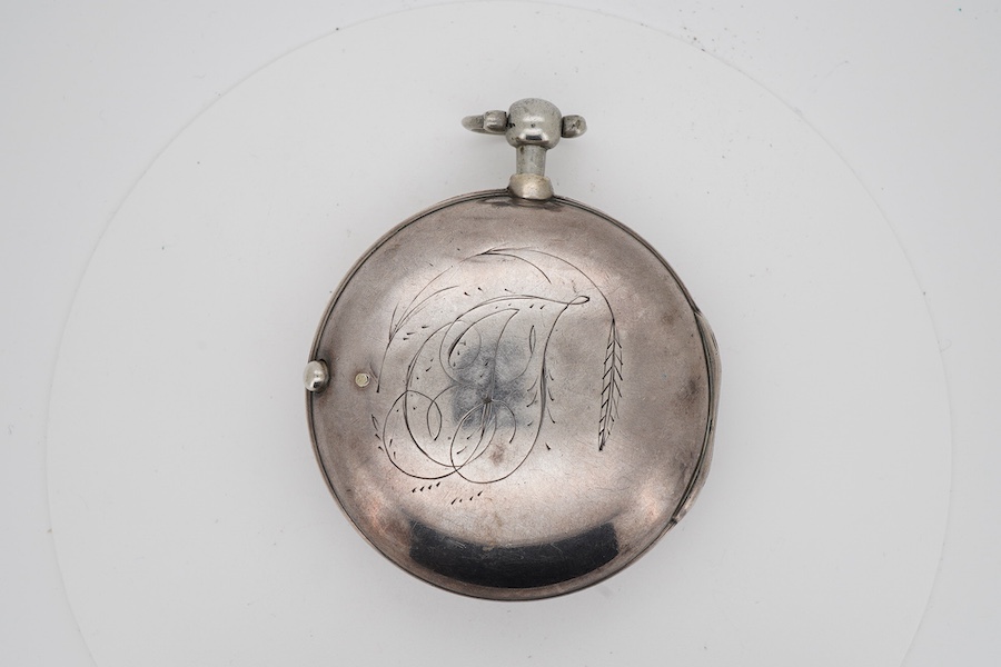 A George III silver pair cased verge pocket watch, by Philip Moses of Falmouth, with Roman dial, the signed movement numbered 70514, case diameter 56mm.